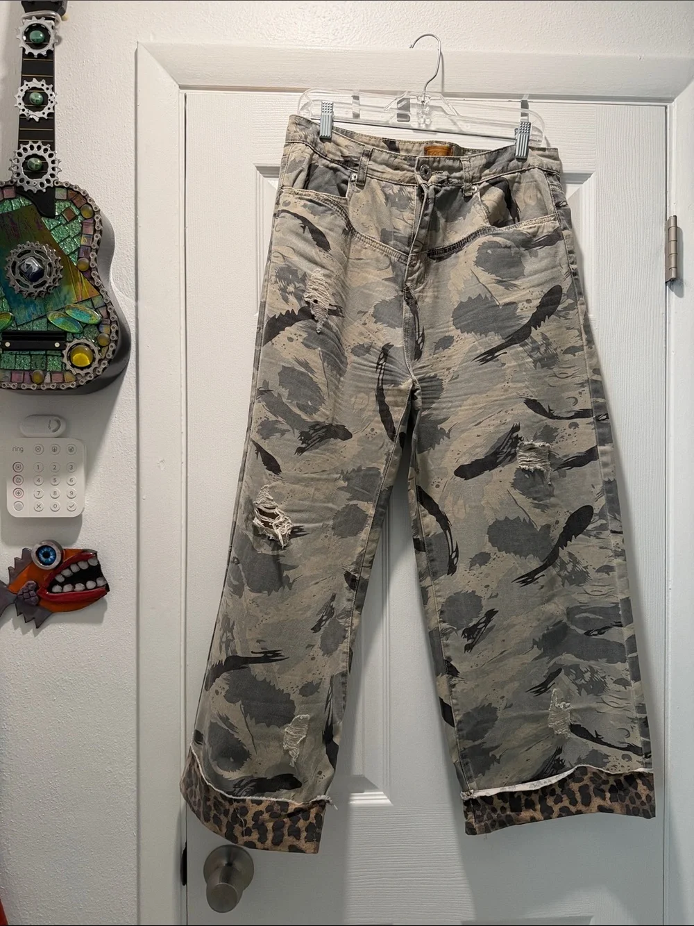 POL Distressed Wide-Leg Jeans with Gray Camouflage and Leopard Cuff - Picture 1 of 4